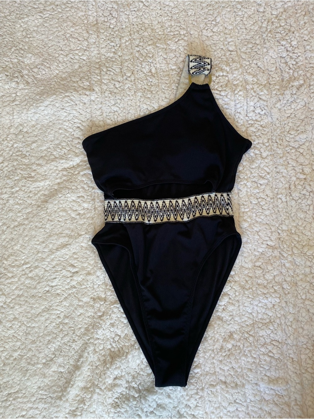 Black One-Shoulder Kids One-Piece Swimsuit with Decorative Waistband